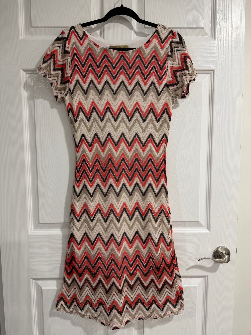 Jessica Taylor Women’s Chevron Knit Dress in Cream, Coral & Brown